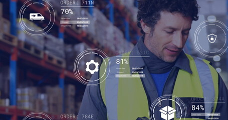Image of icons and data processing over caucasian man working in warehouse