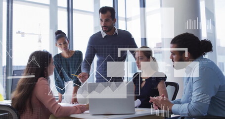 Image of data processing and diagrams over diverse colleagues discussing work in office
