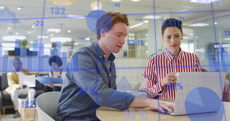 Image of data processing and diagrams over caucasian colleagues discussing work in office