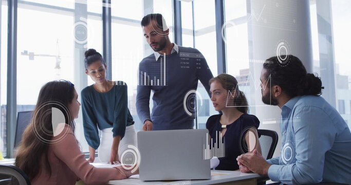 Image of data processing and diagrams over diverse colleagues discussing work in office