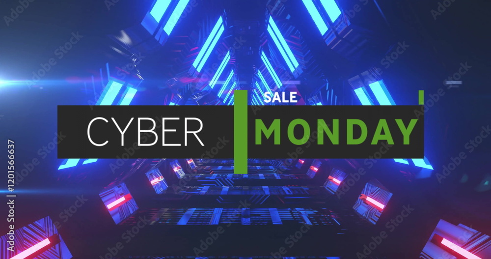 Poster image of cyber monday text over neon pattern background