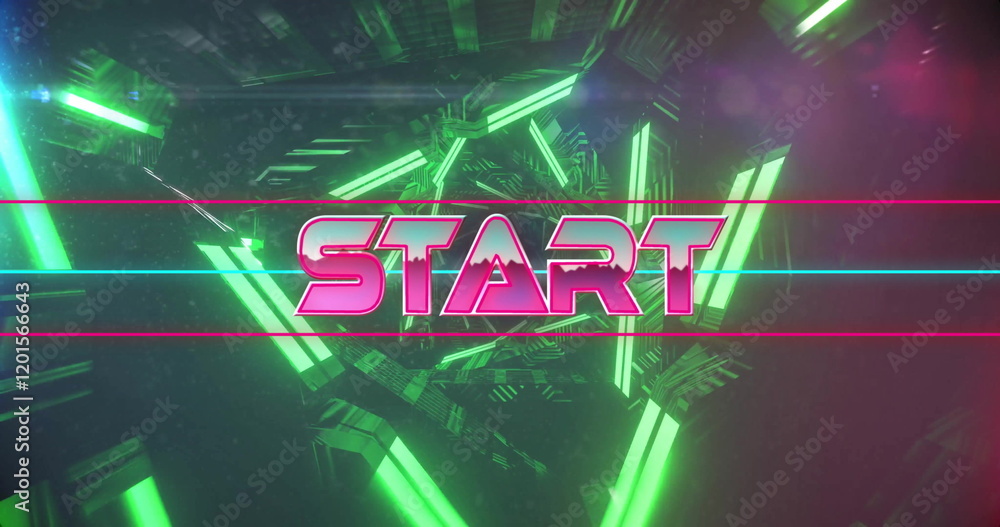 Poster image of start text over neon pattern background