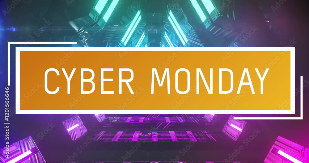 Poster image of cyber monday text over neon pattern background