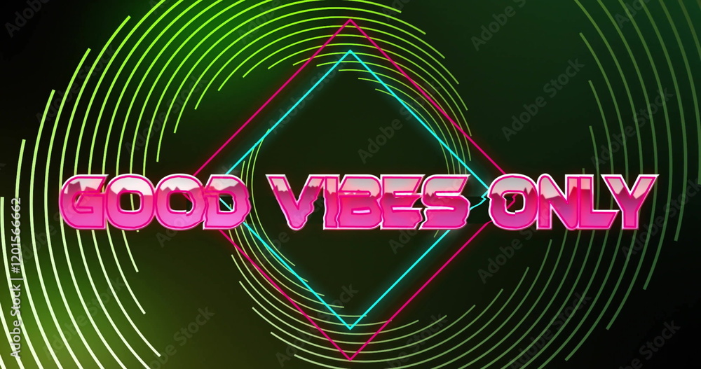 Poster image of good vibes only text over neon pattern background