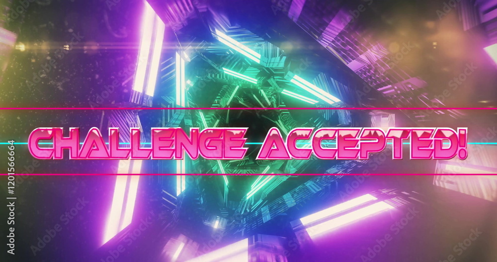 Poster image of challenge accepted text over neon pattern background
