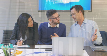 Image of financial data processing over diverse business people in office