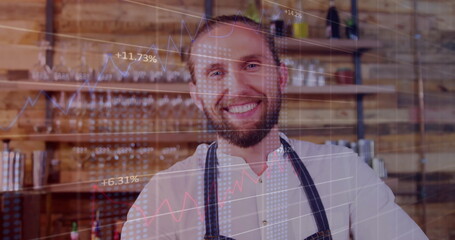 Image of financial data processing over caucasian male barista serving coffee