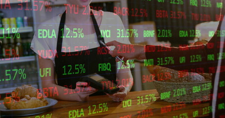 Image of financial data processing over diverse people paying with smartphone