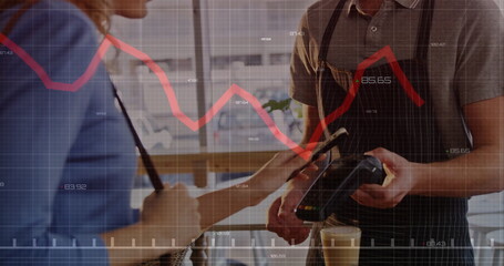 Image of financial data processing over diverse people paying with smartphone