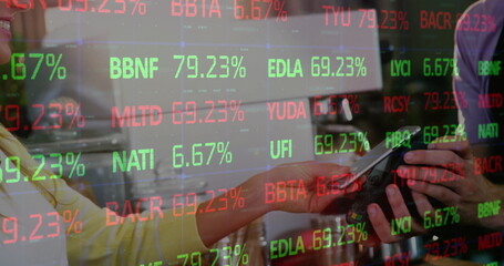 Image of financial data processing over diverse people paying with smartphone