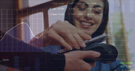 Image of financial data processing over diverse people paying with smartphone