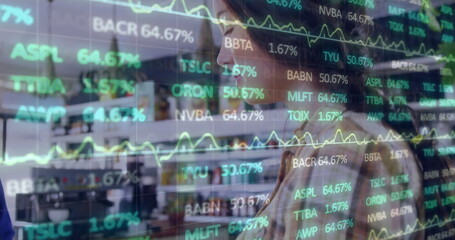 Image of financial data processing over diverse people paying with smartphone