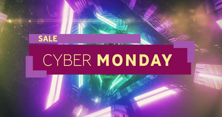 Image of cyber monday text over neon pattern background