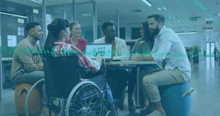 Image of financial data processing over diverse business people in office