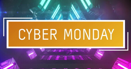 Image of cyber monday text over neon pattern background