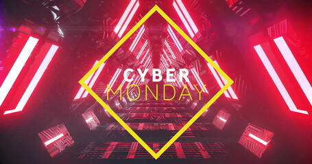 Image of cyber monday text over neon pattern background