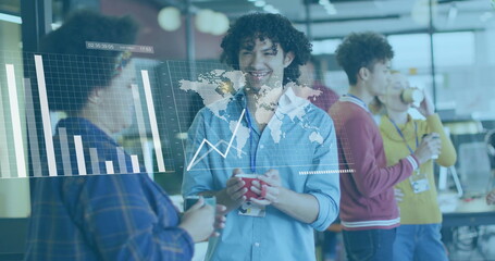 Image of financial data processing over diverse business people in office