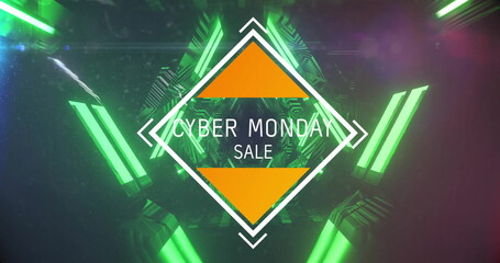 Image of cyber monday sale text over neon pattern background