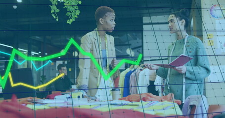 Image of financial data processing over diverse creative business people in office