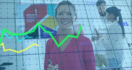 Image of financial data processing over diverse business people in office