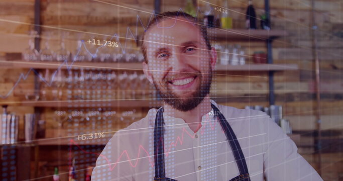 Image of financial data processing over caucasian male barista serving coffee