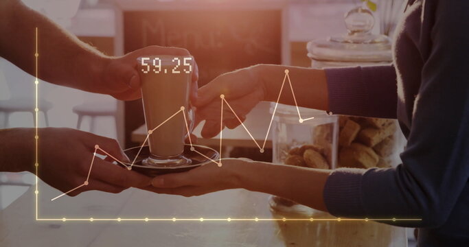 Image of financial data processing over biracial female barista serving coffee