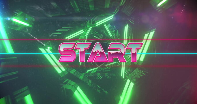 Image of start text over neon pattern background