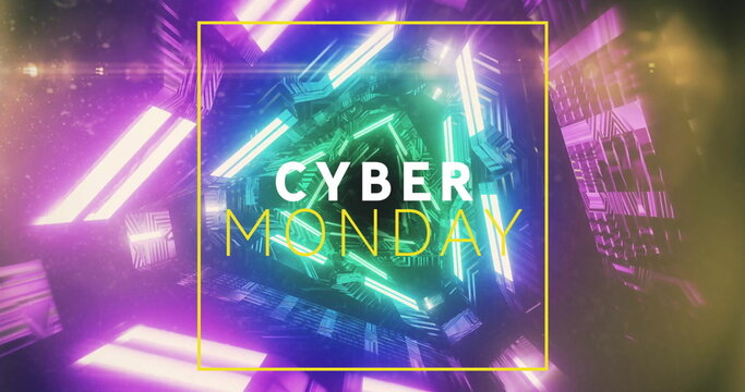 Image of cyber monday text over neon pattern background