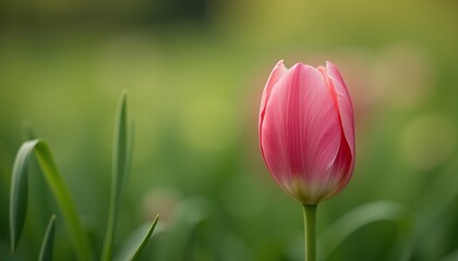 Naklejka premium Single pink tulip in lush green field.
