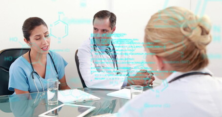 Image of data processing over diverse doctors talking at meeting