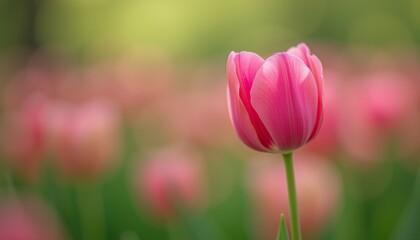 Obraz premium Single pink tulip in lush green field.