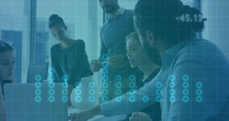 Image of financial data processing over diverse business people in office