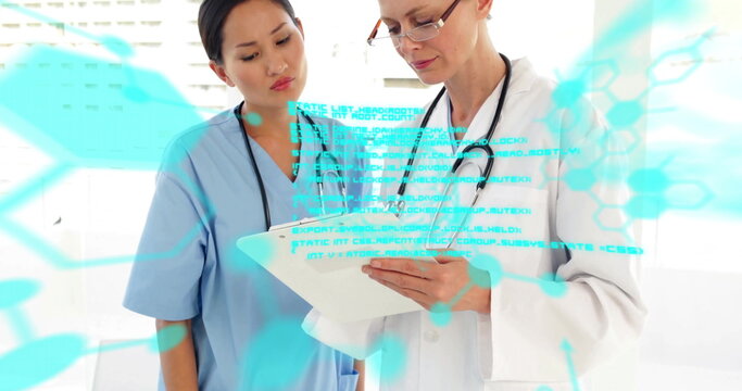 Image of data processing over diverse female doctors talking