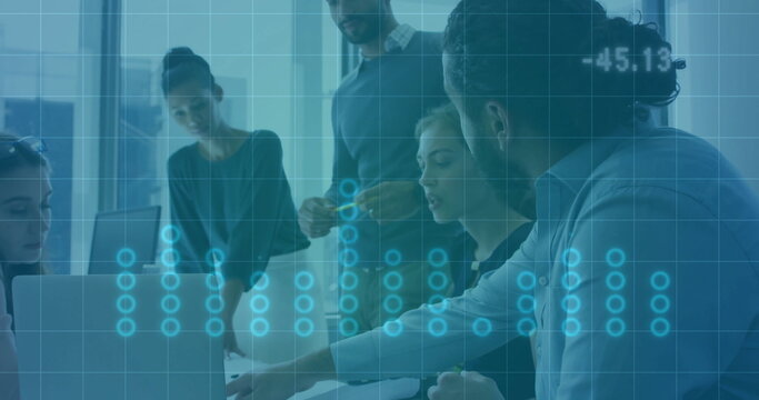 Image of financial data processing over diverse business people in office - Powered by Adobe