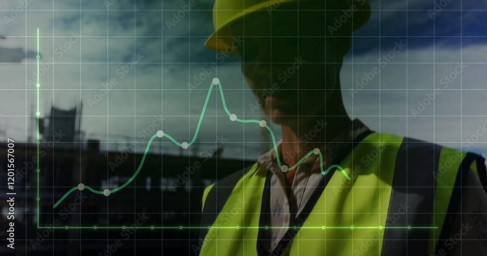 Poster image of financial data processing over caucasian female architect using tablet