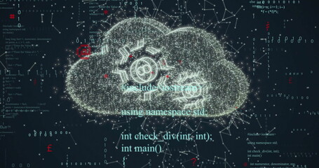 Image of digital data processing over cloud with cogs on dark background