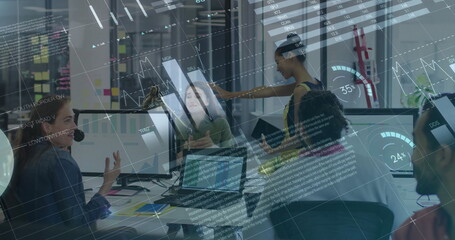 Image of financial data processing over diverse business people in office