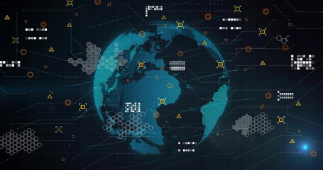Image of digital data processing over globe on dark background