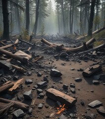 Obraz premium Charred wood fragments scattered on a forest floor, forest debris, decayed logs, forest litter