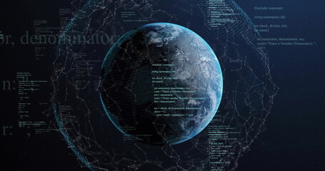Image of digital data processing over globe on dark background