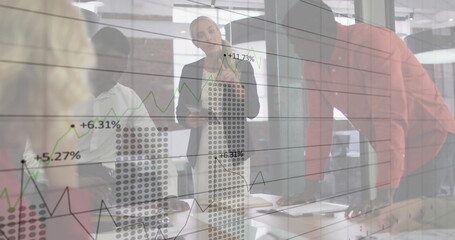 Image of financial data processing over diverse business people in office