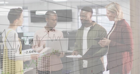 Image of financial data processing over diverse business people in office