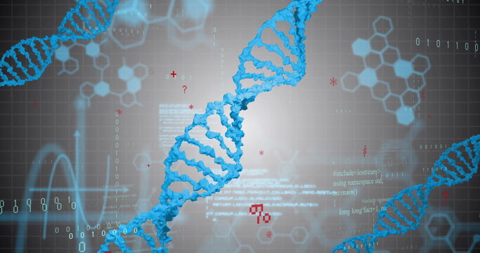 Image of digital data processing over dna strands spinning