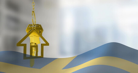 Image of silver house key over flag of sweden and buildings