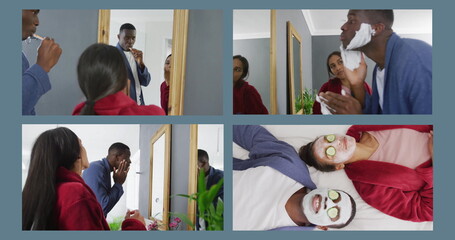 Image of four frames with happy biracial couple at home and doing selfcare on blue background