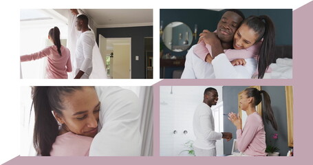 Image of four frames with happy biracial couple at home on white and pink background
