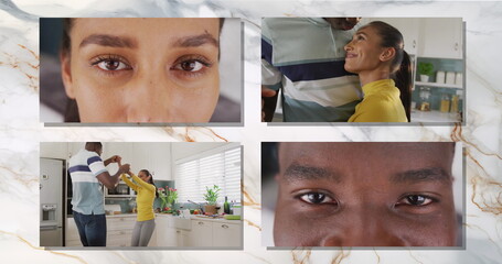 Image of four frames with happy biracial couple spending time at home dancing on grey background