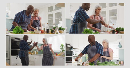 Image of four frames with happy senior diverse couple at home cooking on grey background