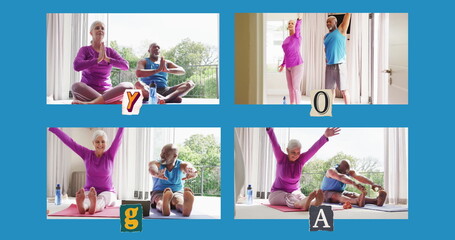 Image of four frames with senior diverse couple practicing yoga at home on blue background