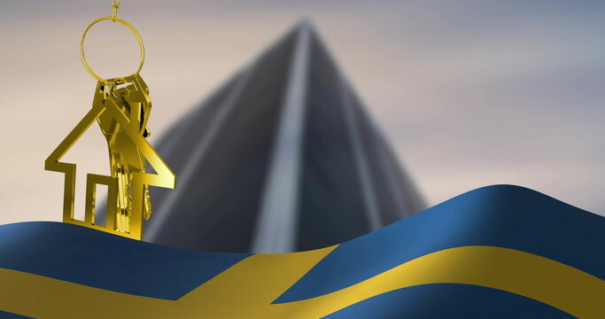 Image of silver house key over flag of sweden and building - Powered by Adobe